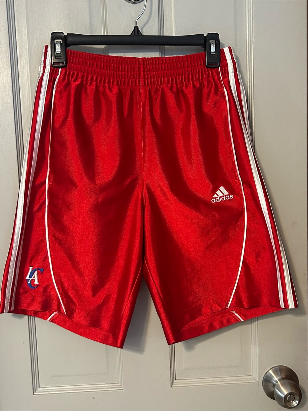 adidas LA Clippers Red White Athletic Basketball Shorts White Stripes Logo Sz S